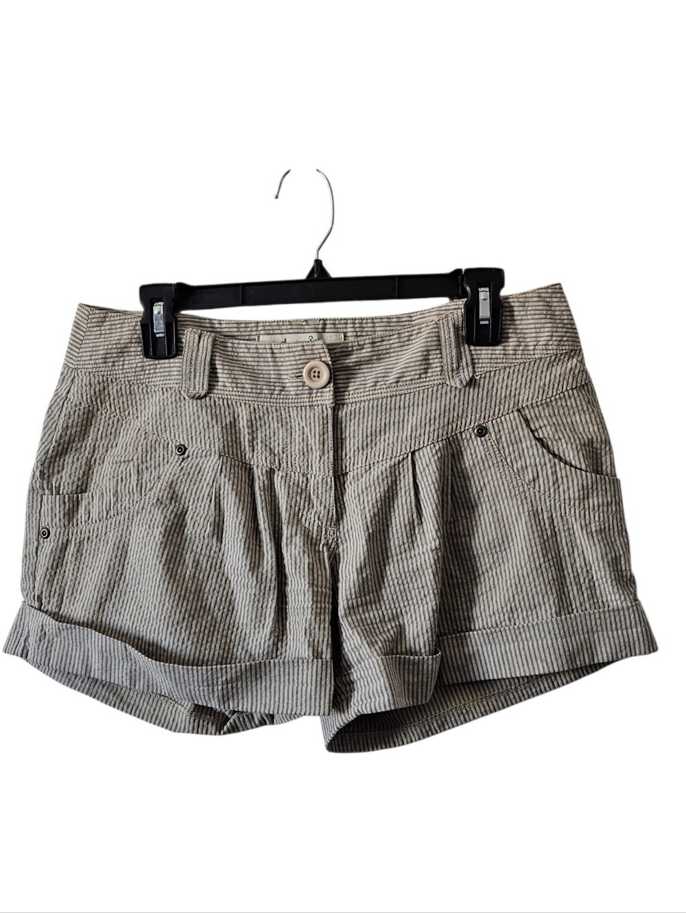 VTG Y2K American Rag Cie Pinstripe Cuffed Shorts Women's Size 7 Pleated Blue Tan